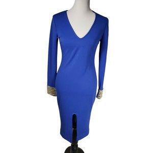 Hot Miami Style HMS Cobalt Blue Medium Bejeweled Long Sleeve Stretchy Dress NWT